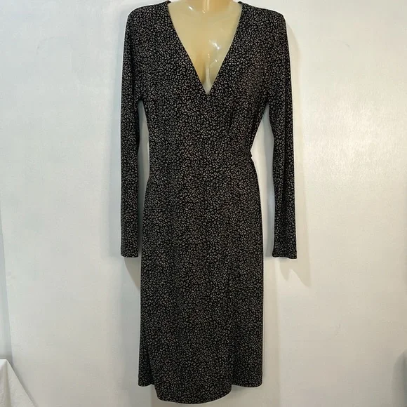 ANN TAYLOR WRAP DRESS WOMEN SIZE 6 BLACK TAN LONG SLEEVE ANIMAL PRINT - Picture 1 of 15